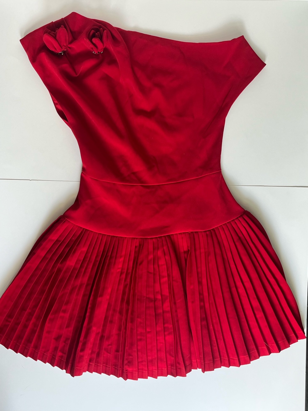 Red Pleated Waist Fit-and-Flare Dress - Women